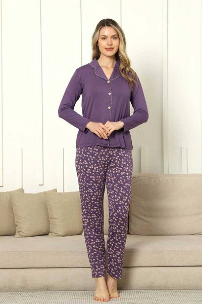 ALİMER Front Buttoned Women's Pajama Set - Purple Long Sleeve Lycra Rink Viscose 2854Uy