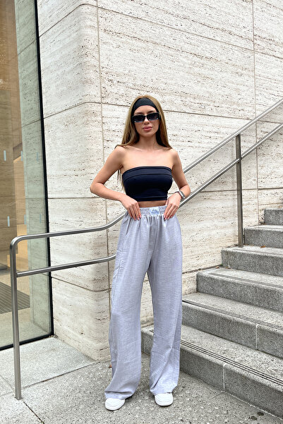 Hera Moda Women's Gray Linen Blended Fabric Waist Label Detailed High Waist Loose Wide Leg Palazzo Trousers