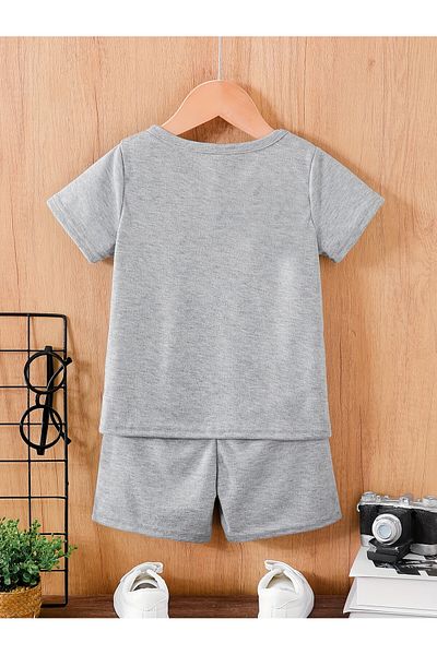 LEONE KOLEKSİYON King Crown Printed Cotton Kids Gray Shorts T-Shirt Set - Girls Boys Summer Crew Neck