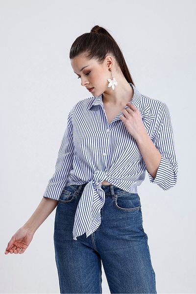 MD trend Women's Rose Detailed Front Tie Striped Shirt