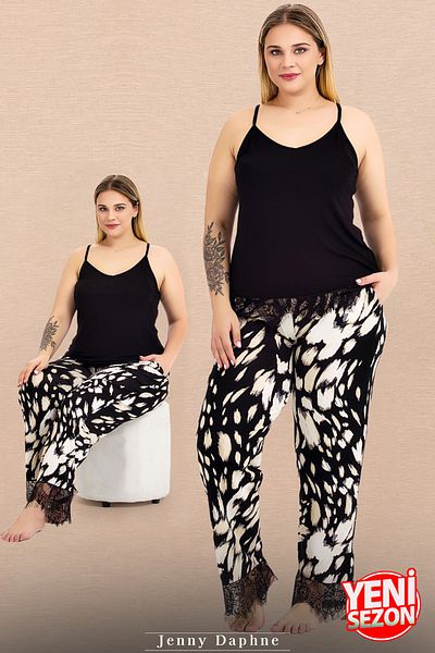 Jenny Daphne Large Size Patterned Legs Lace Sleepwear Lady Set 10983