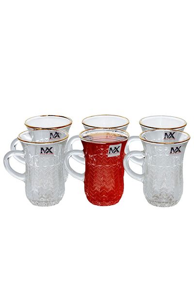 Alsaif Gallery Al Saif Gallery Max Glass Tea Bialat Set, 6 Pieces, Glass Handle, Golden Line - Transparent