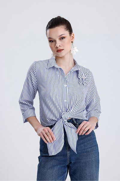 MD trend Women's Rose Detailed Front Tie Striped Shirt