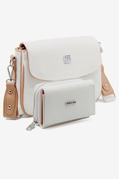 Just Polo New Season Column Strap 4 Compartment White Tan Women's Shoulder Bag and Wallet Combination Pbu217402