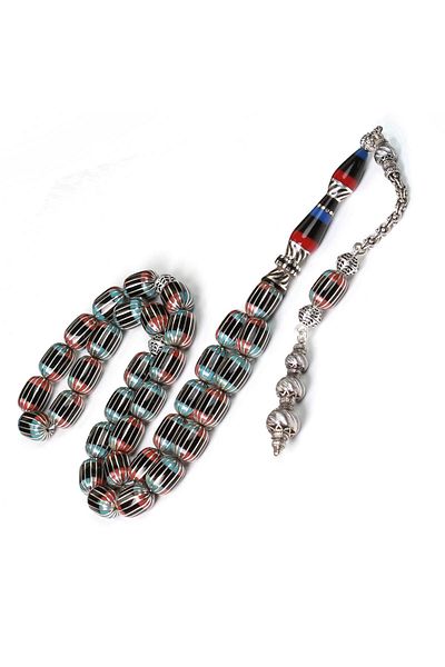 TESBİHCİBABA Nakkaş Red Turquoise Silver Split Erzurum Oltu Stone Rosary