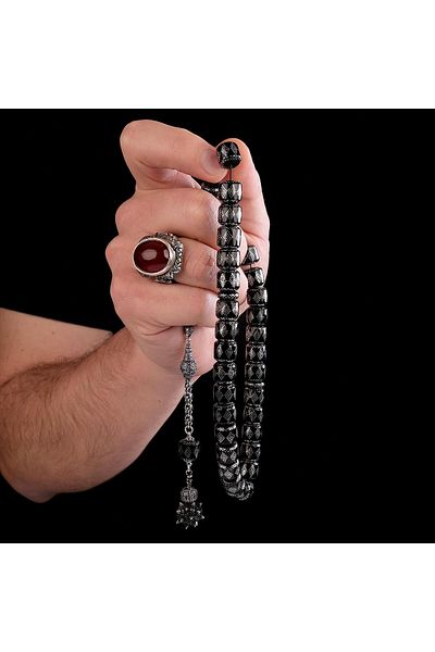 TESBİHCİBABA Silver Embroidered Erzurum Oltu Stone Rosary with Topaz Headed Tassel