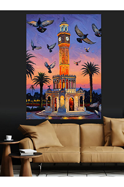 KanvasSepeti Ceas Izmir iluminat cu lumini, pictură în ulei, texturată, pânză...