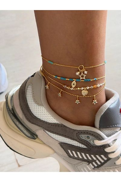 SU PERİSİ TAKI BİJUTERİ Vip Series Gold Blue Bead and Pearl Detailed Star Anklet