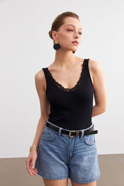 MODAGEN Women's Black Strappy Lace Camisole Blouse