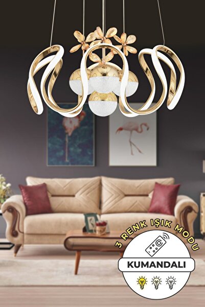 Capella Aydınlatma Oliver Kumandalı 3 Renk Işık Özellikli Modern Gold Kaplama Sarkıt Led Avize Salon Avize