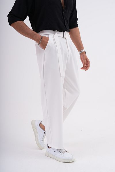 byata.style Seasonal Pleated Baggy Fit Pocket Belt Buckle Men's Fabric Trousers White