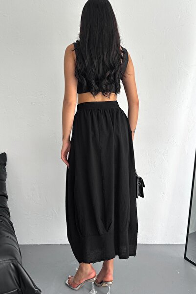 FEMELLE Fusta neagră cu buzunar dublu cu talie elastică pentru femei