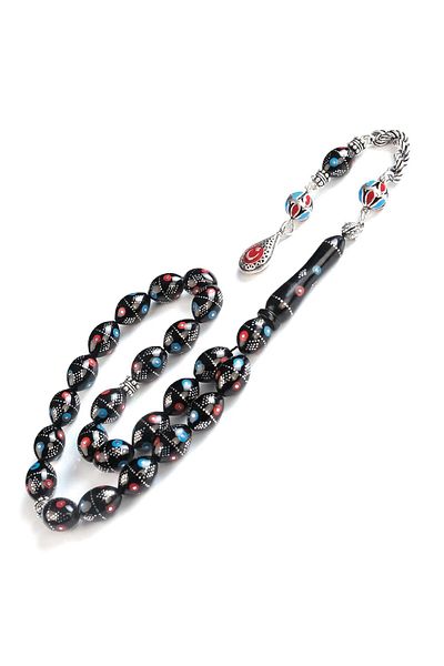 TESBİHCİBABA Red Blue Enamel Embroidered Erzurum Oltu Stone Rosary