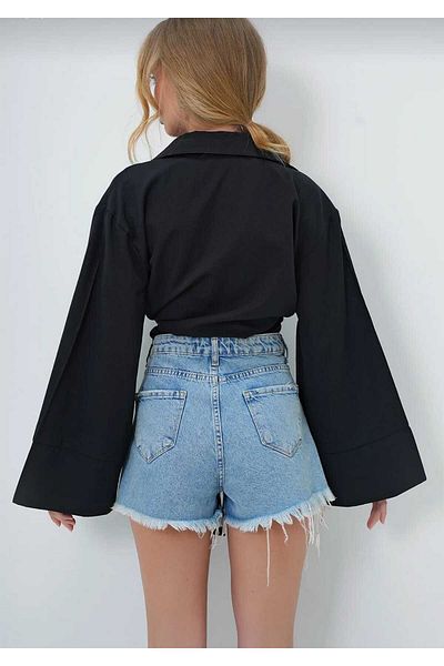 mor butik MOR BUTIK Cămașă neagră pentru femei, cu manșetă lată, cu detaliu la față, cu legături AIX01001