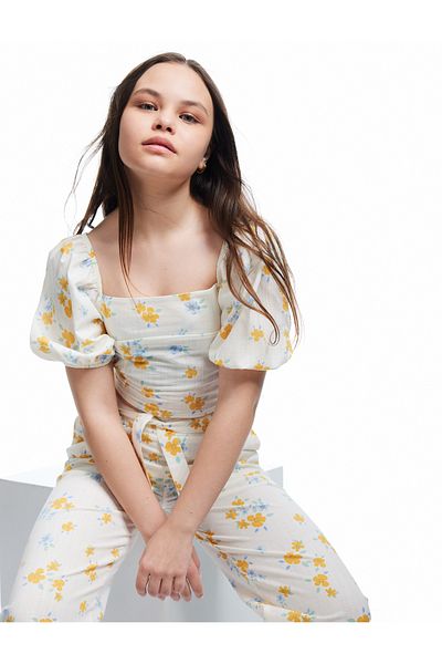 Koton Floral Pattern Cotton Square Neck Balloon Sleeve Crop Blouse