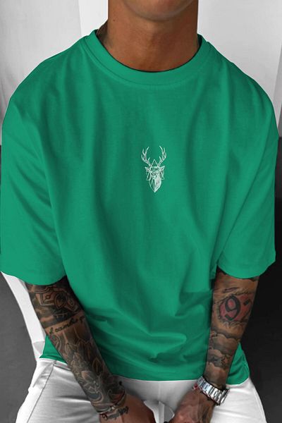 Millionaire Men's Green Deer Printed Oversize Fit Loose Wide Fit Loose Cut T-Shirt