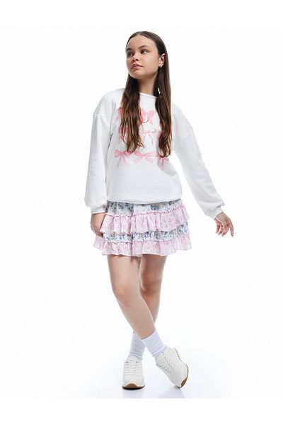 Koton Stone Detailed Bow Printed Long Sleeve Cotton Sweatshirt