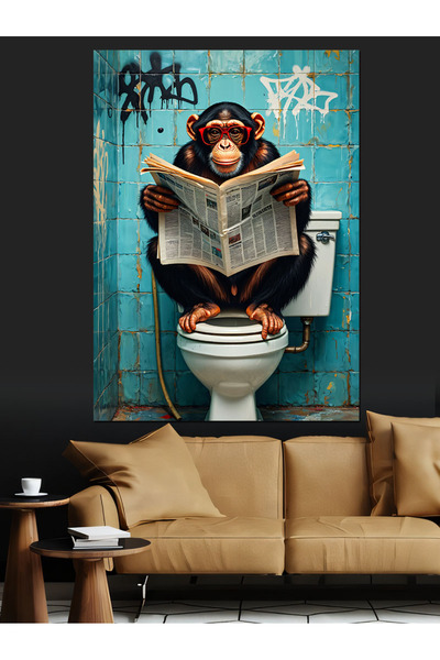 KanvasSepeti Maimuța citește ziarele în toaletă Pictură în ulei Texturată Pân...