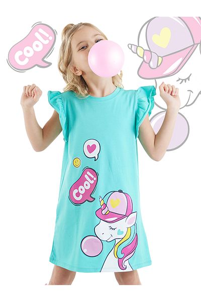 Denokids Türkises Sommerkleid aus Gummi für Mädchen mit Einhornmuster und Rüschen