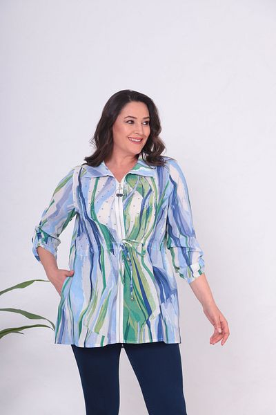 Mezure Stoned Zipper Patterned Blouse with Tie Waist Large Size