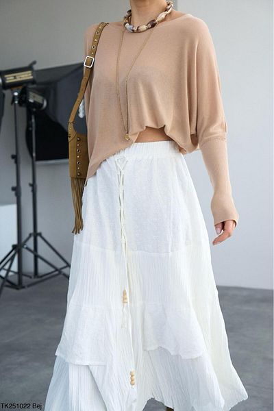 Lupies Women's Beige Boat Neck Transparent Sweater