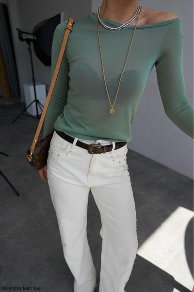 Lupies Women's Green Boat Neck Thin Transparent Sweater