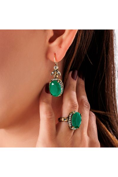 Atelier LEO Handmade Jewellery Kösem Sultan Root Green Earrings Necklace Set Copper Hand Made Zircon Stone No Tarnishing Women's Jewelry Set