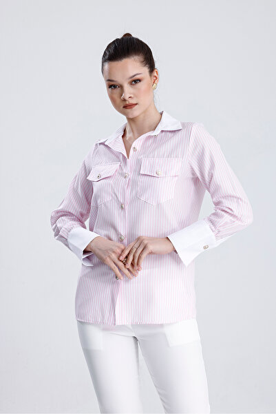MD trend Жіноча сорочка в смужку з кишенями