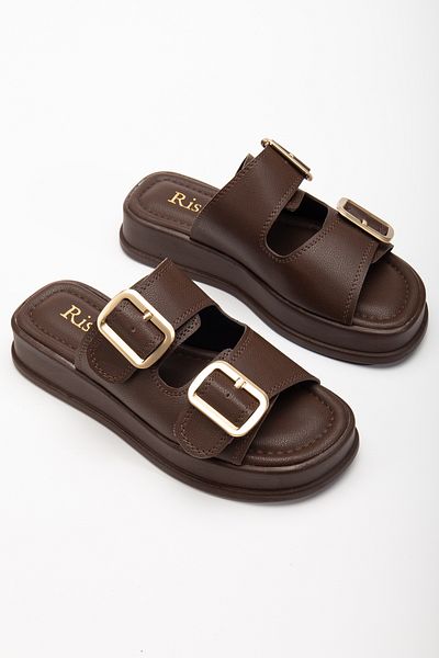 RİSSOLİ Rissoli Women's Bitter Brown Wedge Heeled Double Banded Buckle Slippers