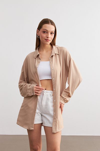 MODAGEN Γυναικείο Μπεζ Oversize Μακρύ Πουκάμισο