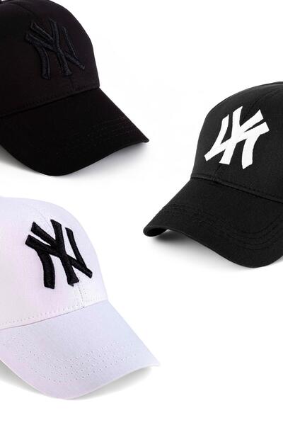 Eke Tekstil Унісекс 3-комплектний бейсбольний комплект - Капелюх з вишивкою Ny - Білий-чорний-білий логотип-чорний