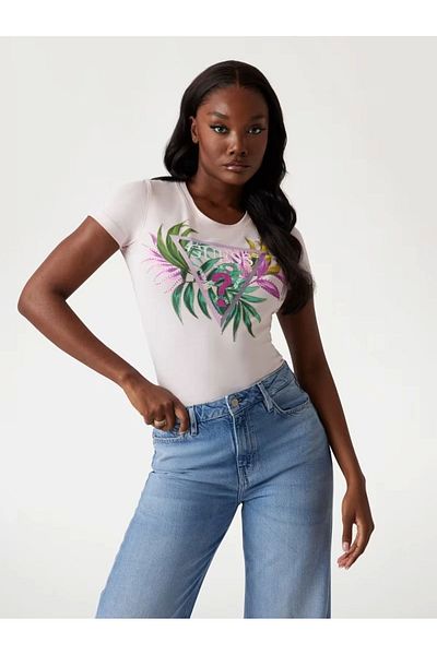 Guess Women's Pink Leaf Triangle Logo T-Shirt