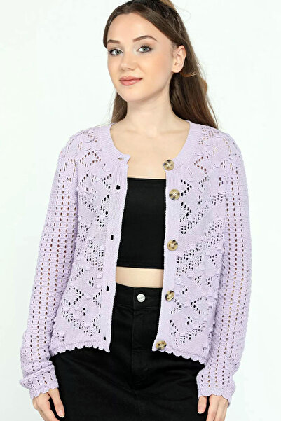 Genel Markalar Yuvarlak Yaka Uzun Kollu Önü Düğmeli Kapamalı Delikli Ajurlu K...