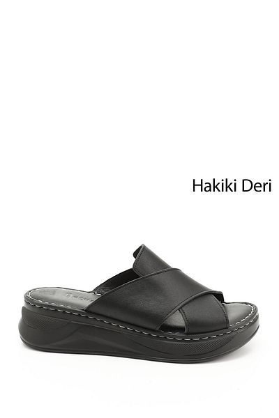 GÖNDERİ(R) Women / Girls Black Cross-Strapped Wedge Heeled Genuine Leather Comfort Slippers