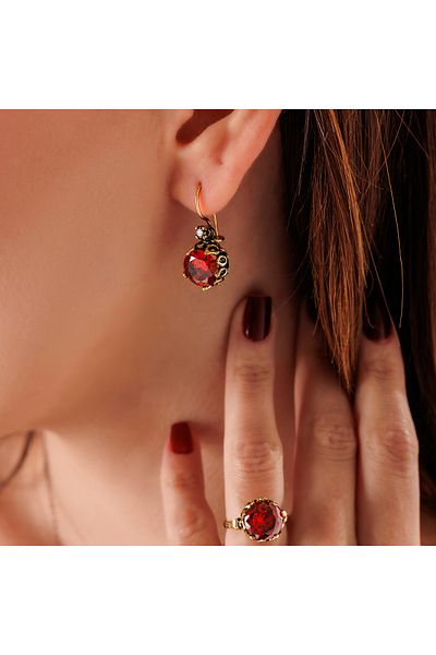 Atelier LEO Handmade Jewellery Mystic Light Bordo Earrings Necklace Set Copper Hand Made Zircon Stone No Tarnishing Women's Jewelry Set