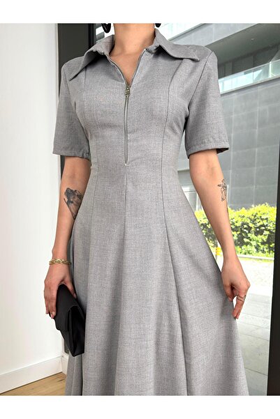modaçelikler Yarım Kol Yarın Fermuarlı Zepls Gri Kadın Elbise 25Y270