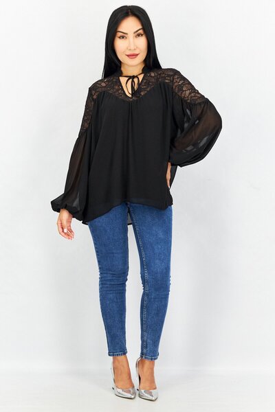 Esprit Women Tie Neck Long Sleeve Textured Blouse, Black