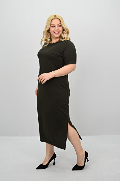 Koza Butik Γυναικείο Μεγάλο Μέγεθος Κοντό μανίκι με λεπτομέρεια βασικό φόρεμα 5309-25