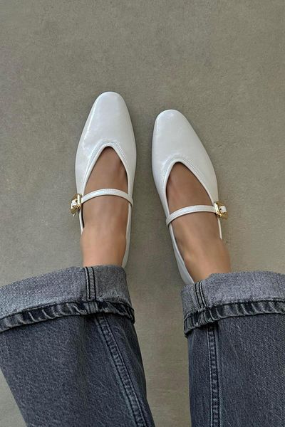 STRASWANS White Wrinkled Leather Ballerinas, Stony Women's Shoes
