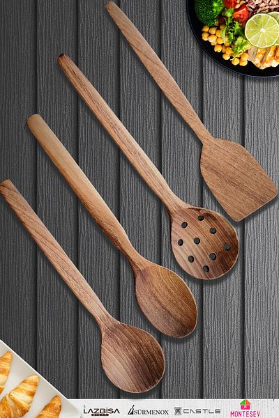 MONTESEV Natural Walnut Wood Wooden Board Spoon Spatula Colander Fork Set Wooden Spoon (Set of 4)