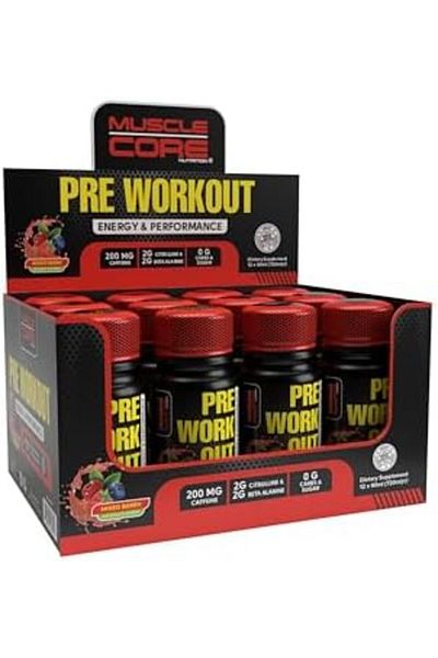 Muscle Core Nutrition Muscle Core Pre Workout Shots 60 Ml x Pack Of 12 | With 200 Mg Caffeine, Zero Carbs & Sugar | Mixed