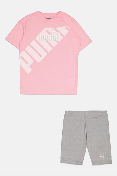 Puma Kids Girl 2 Pieces Sportswear Fit Short Sleeves Training T-shirt And Shorts, Pink/grey