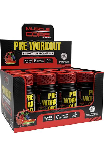 Muscle Core Nutrition Muscle Core Pre Workout Shots 60 Ml x Pack Of 12 | With 200 Mg Caffeine, Zero Carbs & Sugar | Mixed