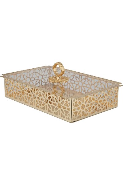 Generic Al Saif Iron Serving Tray with Riman Lid - Gold, L, Rectangular