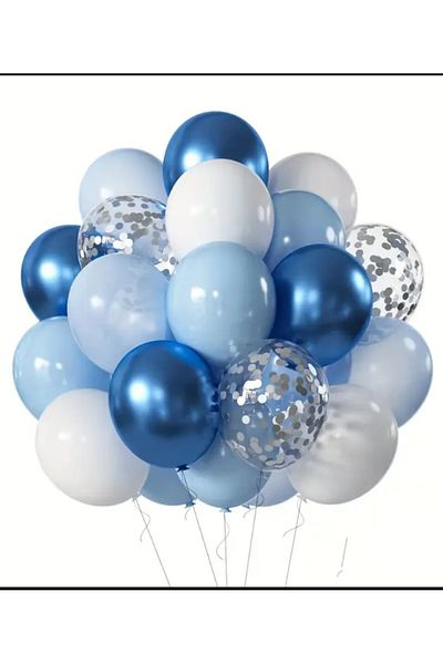 Çemrek Süs Parti Blue White Blue Chrome Transparent Silver Sequin Balloon Bunch 25 pcs