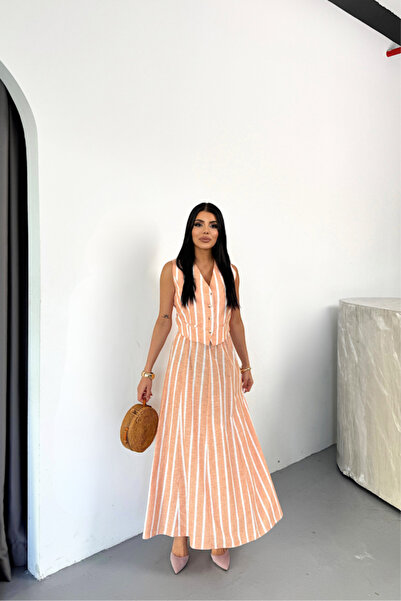 Moda Loris Turega Style Striped Linen Vest - Long Skirt Set - Orange