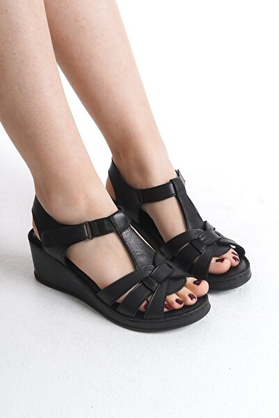 Tamdabu Ayakkabı Genuine Leather Black Orthopedic Sole Wedge Heel Women's Sandals