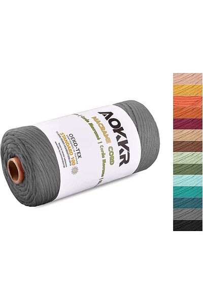 AOKKR Macrame Thread Roll, Cotton, Light Gray, 100 M