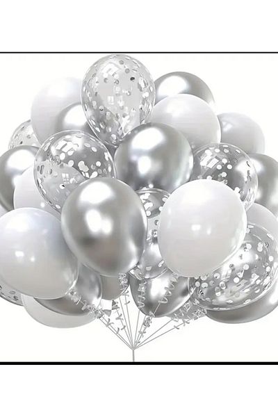 Çemrek Süs Parti White Silver Chrome Transparent Sequin Balloon Harness 25 Pcs
