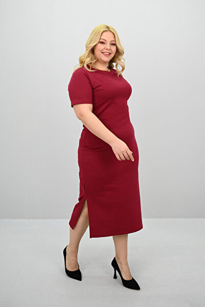 Koza Butik Women's Plus Size Short Sleeve Slit Detailed Basic Dress 5309-25